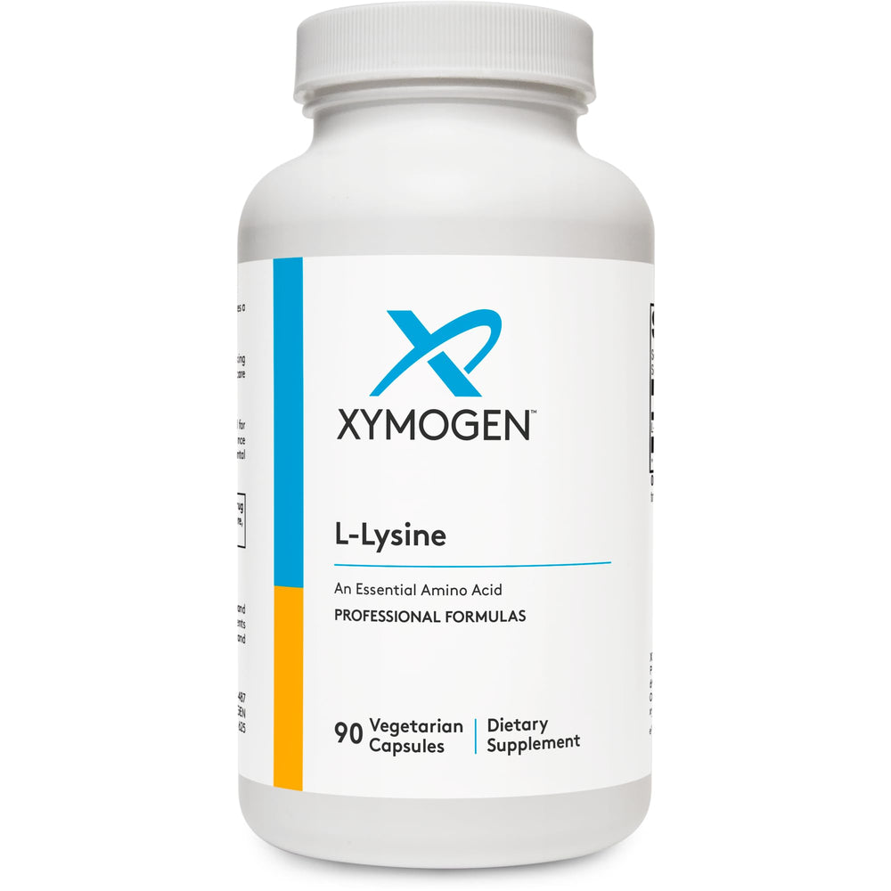XYMOGEN L-Lysine 1000mg capsules bottle supports collagen formation for skin and joints.