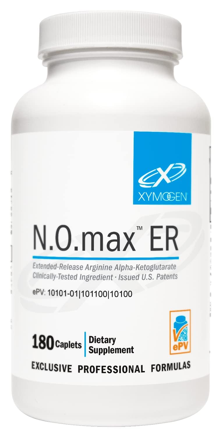 Xymogen N.O.max ER bottle front shows extended-release nitric oxide support for workouts.