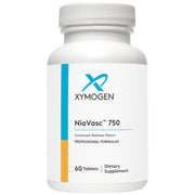 XYMOGEN NiaVasc 750 bottle front highlighting easy packaging for time-release niacin
