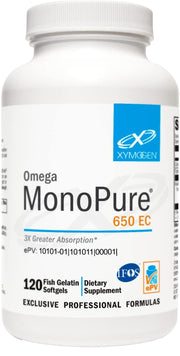 XYMOGEN Omega MonoPure 650 EC bottle showing compact omega-3 support
