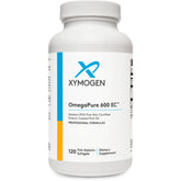XYMOGEN OmegaPure 600 EC bottle showing easy-to-swallow, enteric-coated softgels.