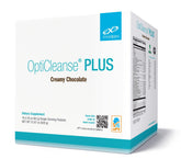 XYMOGEN OptiCleanse Plus creamy chocolate packets for convenient vegan protein source.