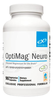 XYMOGEN OptiMag Neuro bottle shown on a counter for brain support and stress balance.