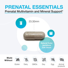 Close-up of XYMOGEN Prenatal Essentials capsules with chelated minerals