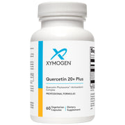 XYMOGEN Quercetin 20x Plus bottle and capsules for respiratory comfort.