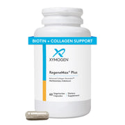 XYMOGEN RegeneMax Plus bottle closeup showing premium collagen support for daily use.