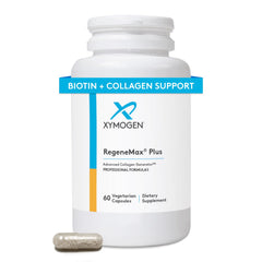 XYMOGEN RegeneMax Plus bottle closeup showing premium collagen support for daily use.