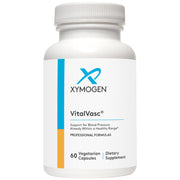 XYMOGEN VitalVasc bottle front highlighting vegan, gluten-free antioxidant support.