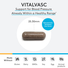 XYMOGEN VitalVasc capsules close-up with label emphasizing olive leaf and grape seed extracts.