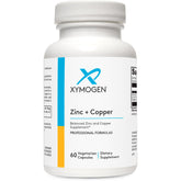 XYMOGEN Zinc+Copper 60 ct bottle close-up for balanced trace minerals