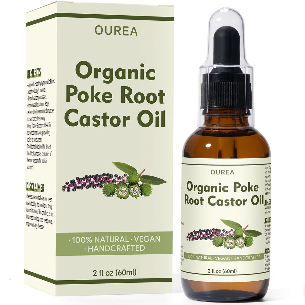 Yakucho poke root castor oil bottle ready for massage and skin nourishment.
