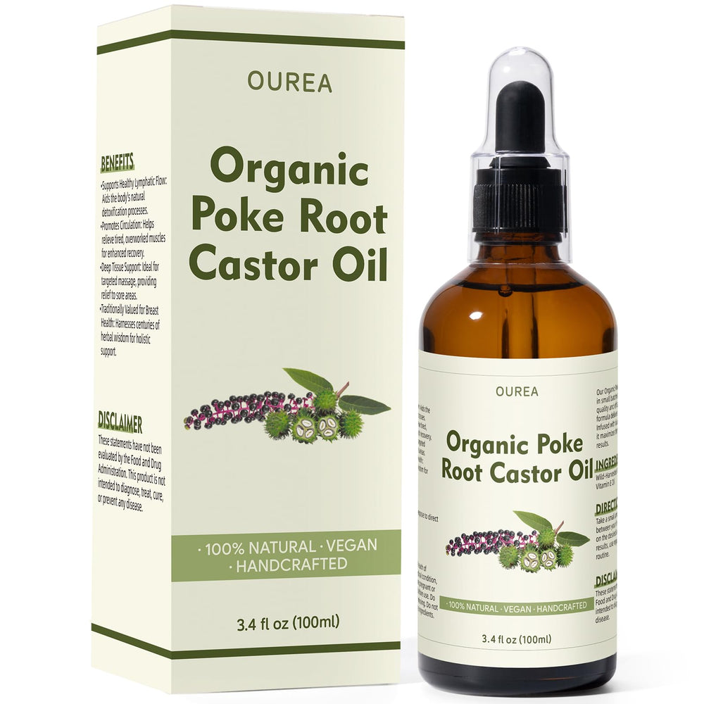 Yakucho Organic Poke Root Castor Oil bottle for gentle skin massage.