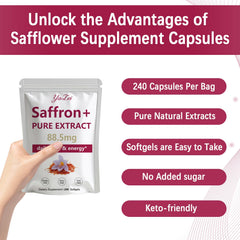 Yalei saffron extract softgels close-up highlights easy-to-swallow capsules for everyday balance.