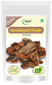 YAMKAY Karuvelampattai powder bottle close-up, pure blend for everyday wellness.