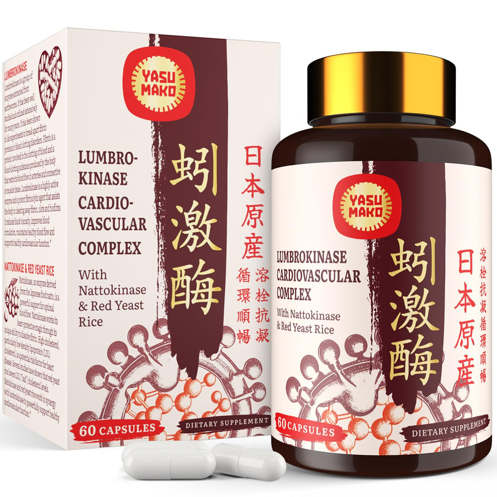 Yasumako Lumbrokinase capsules in bottle for daily circulation support.
