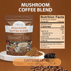 YEGE Mushroom Coffee ingredients display six adaptogenic mushrooms for daily support.