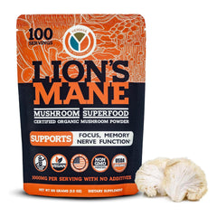 Yemayá Organic Lions Mane powder tub closeup for cognitive support.