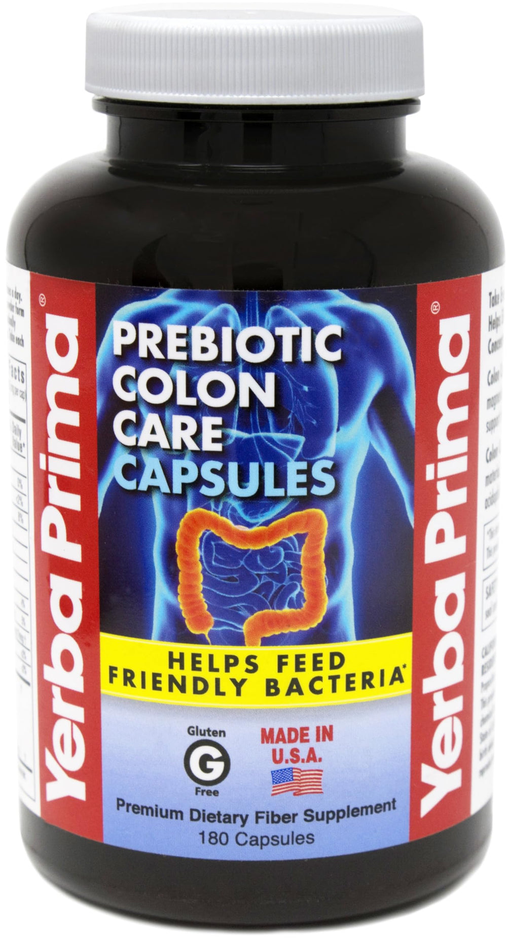 Yerba Prima Prebiotics Colon Care bottle with 180 capsules supports regularity and digestive wellness.