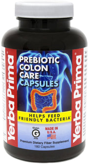 Yerba Prima Prebiotics Colon Care bottle with 180 capsules supports regularity and digestive wellness.