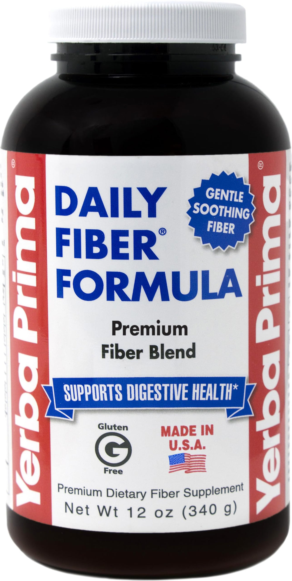 Yerba Prima Daily Fiber Formula Powder bottle on kitchen counter for daily regularity support.