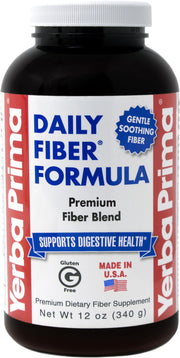 Yerba Prima Daily Fiber Formula Powder bottle on kitchen counter for daily regularity support.
