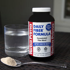 Yerba Prima Daily Fiber Powder measuring cup ready for daily use.