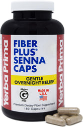 Yerba Prima Fiber Plus Senna capsules bottle shown for convenient overnight relief.