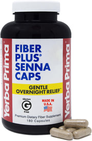 Yerba Prima Fiber Plus Senna capsules bottle shown for convenient overnight relief.