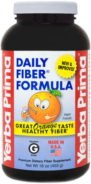 Yerba Prima Orange Daily Fiber bottle on shelf for convenient daily fiber.