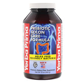 Yerba Prima prebiotic colon care powder bottle highlighting gluten-free, non-GMO fiber support for the colon.