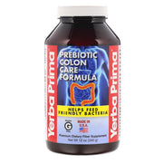 Yerba Prima prebiotic colon care powder bottle highlighting gluten-free, non-GMO fiber support for the colon.