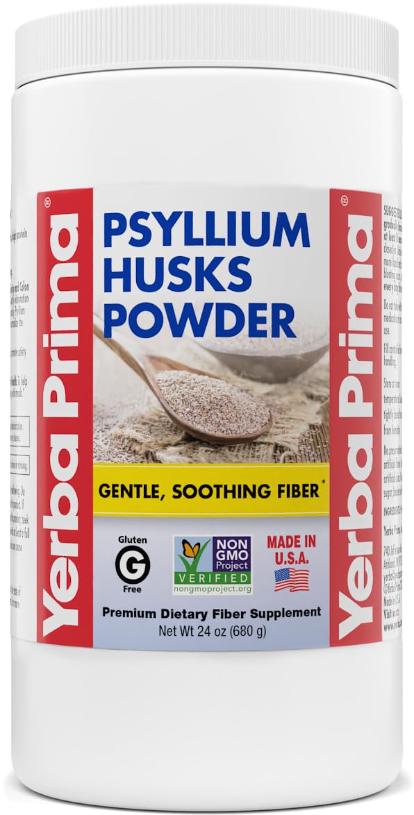 Yerba Prima psyllium husk powder bottle for regularity and baking.