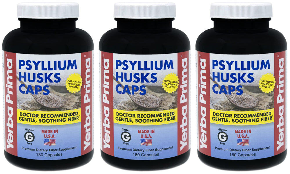 Yerba Prima psyllium husks caps pack of three bottles; supports daily fiber intake.