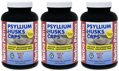 Yerba Prima psyllium husks caps pack of three bottles; supports daily fiber intake.