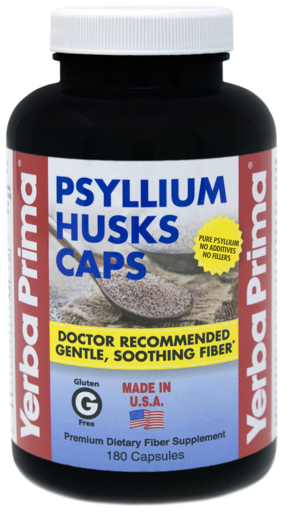 Yerba Prima Psyllium Husks Capsules bottle front view for daily fiber support.