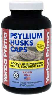 Yerba Prima Psyllium Husks Capsules bottle front view for daily fiber support.