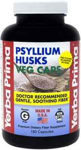 Yerba Prima Psyllium husks capsules bottle promotes daily fiber support for regularity.