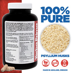 Yerba Prima psyllium husks capsules closeup highlights vegan, non-GMO fiber option.