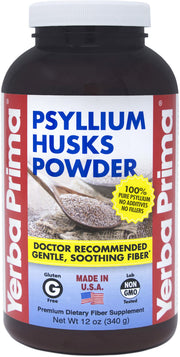 Yerba Prima Psyllium Husks Powder bottle front shows natural fiber for daily digestion