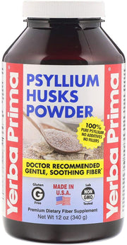 Yerba Prima Psyllium husks powder bottle—natural fiber for regularity and gentle cleansing.