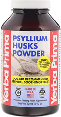 Yerba Prima Psyllium husks powder bottle—natural fiber for regularity and gentle cleansing.