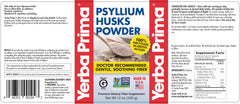 Yerba Prima Psyllium Husks Powder label detail highlights vegan, non-GMO, gluten-free formula
