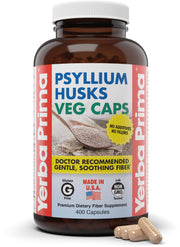 Yerba Prima Psyllium Husks Veg Caps bottle front label highlighting pure husks.