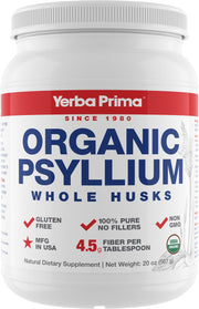Yerba Prima psyllium whole husks bottle showing 20 oz for daily fiber support