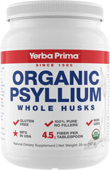 Yerba Prima psyllium whole husks bottle showing 20 oz for daily fiber support