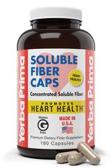Yerba Prima soluble fiber capsules bottle front highlights psyllium-based formula for daily regularity support.