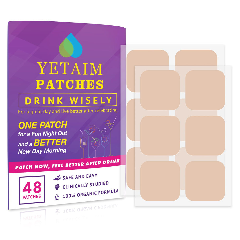 YETAIM recovery patches 48-pack applied to the arm for energy support after a night out.