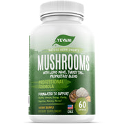 YEVANI mushroom supplement bottle with capsules supporting immune health and focus.