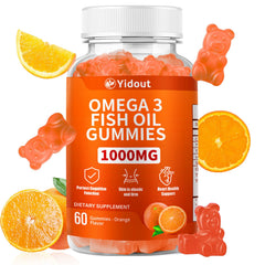 Yidout Omega-3 gummies orange bottle, easy daily supplement for heart and brain support