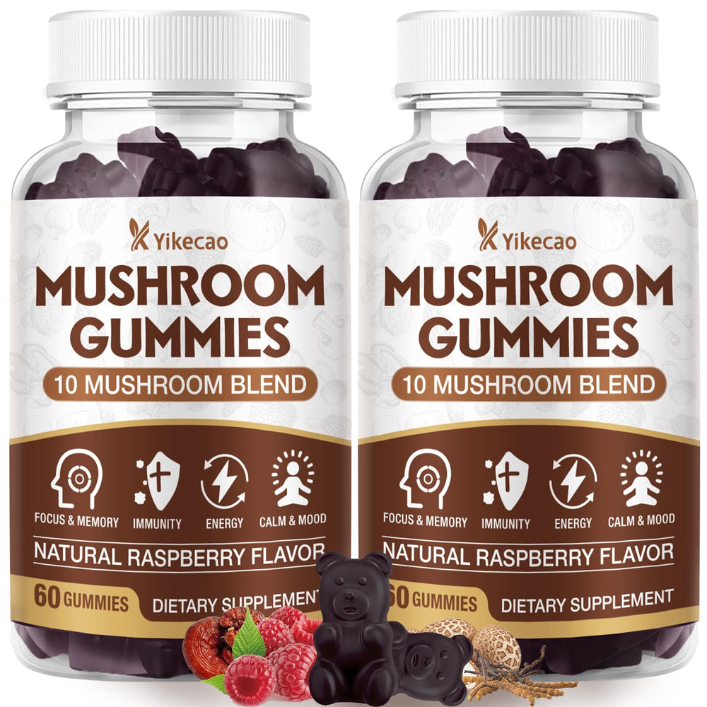 Yikecao 2-pack mushroom gummies bottle front for easy daily focus